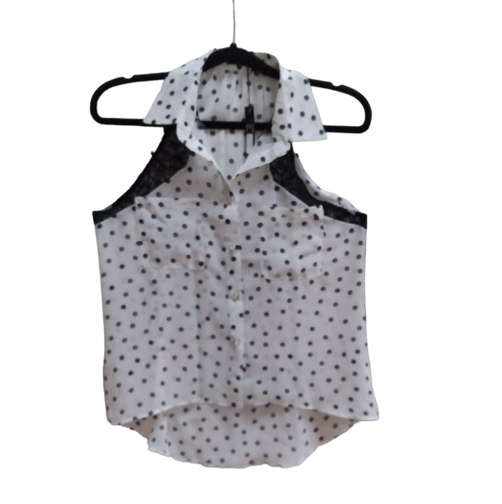Oh My Julian Womens Sleeveless Top Size S Button Up Black Wht Polka-Dot